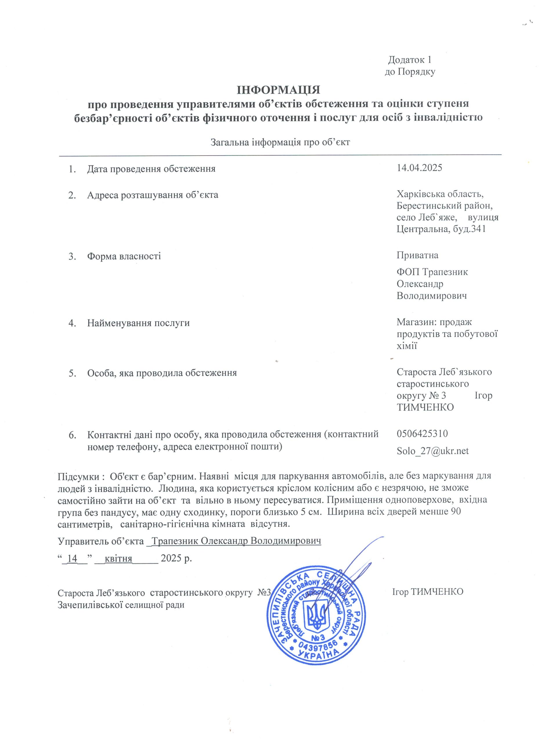 Моніторинг по безбар’єрності магазин 1 Трапезник Олександр 001