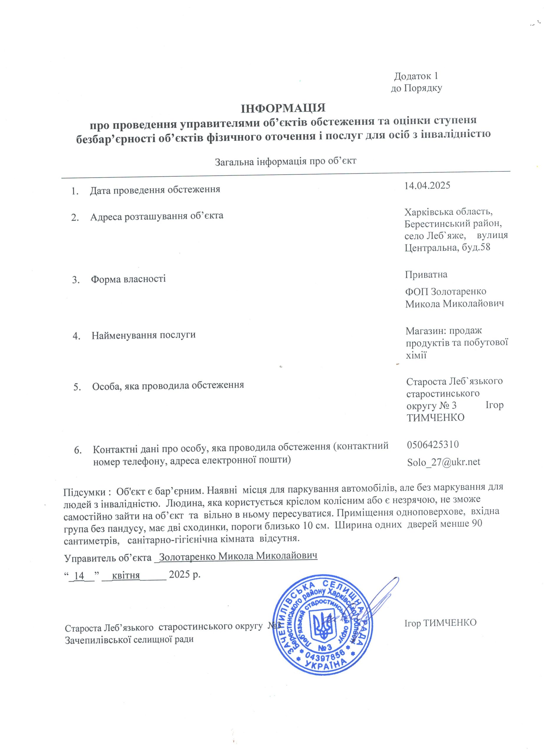 Моніторинг по безбар’єрності магазин 2 Золотаренко Микола 001