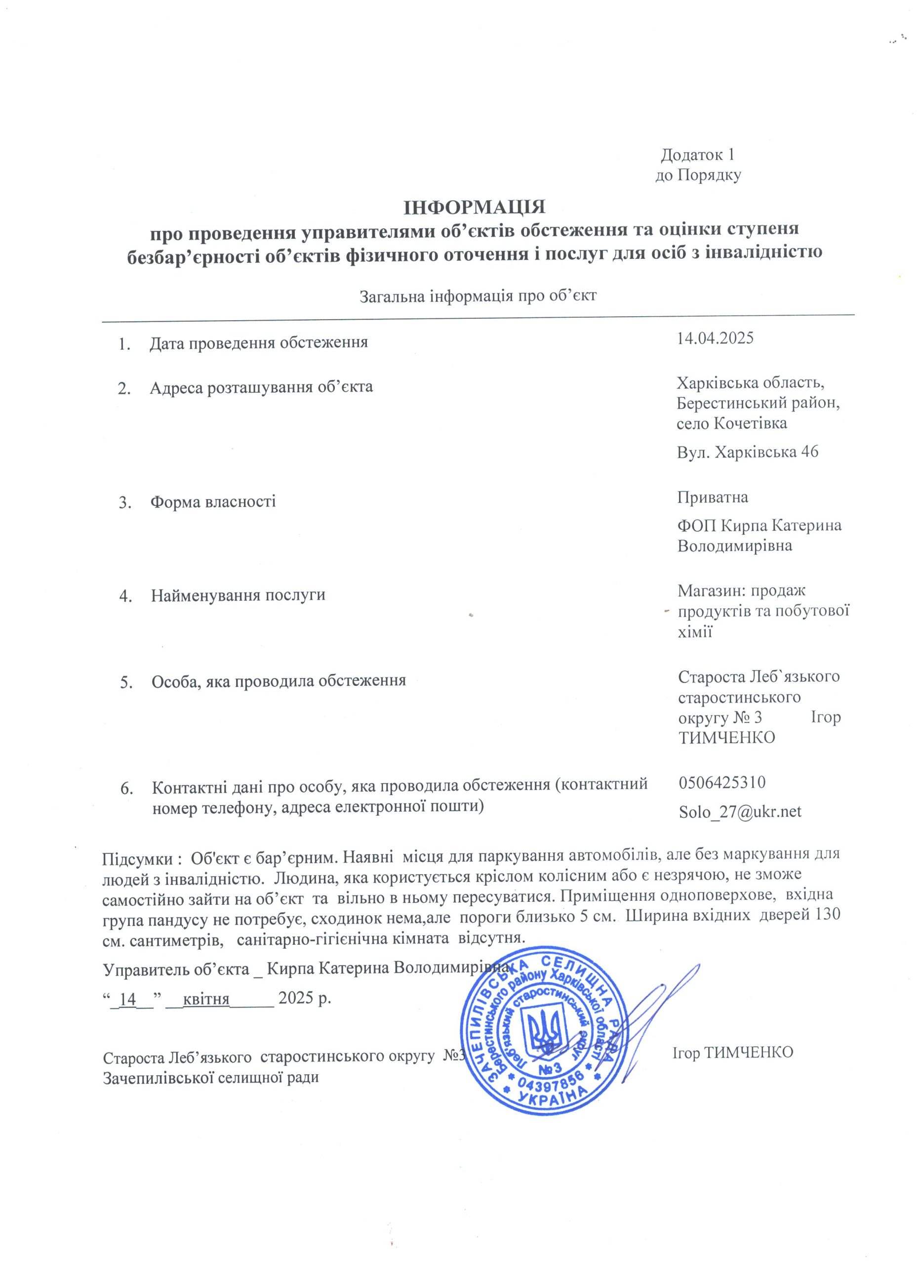 Моніторинг по безбар’єрності магазин 6 Кирпа Катерина 001